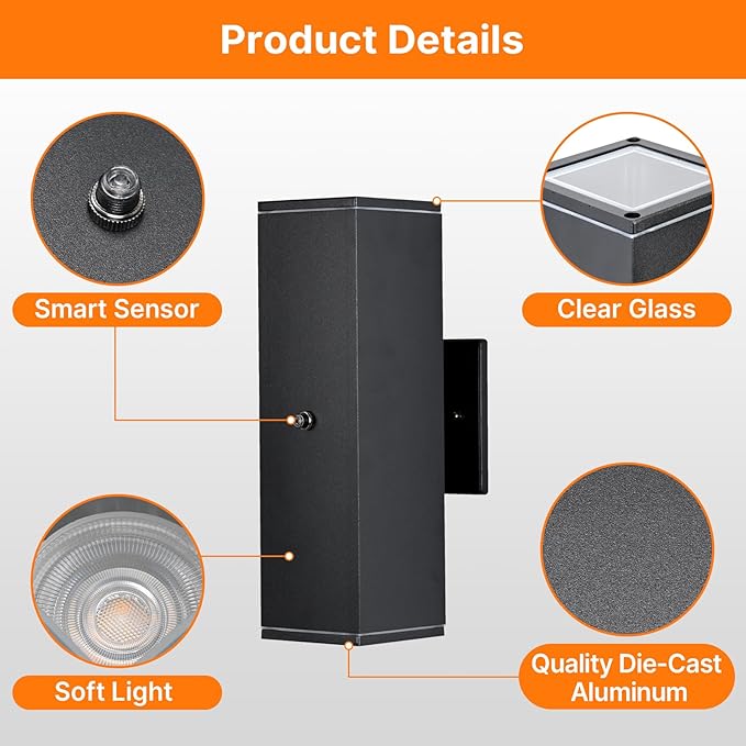 Outdoor Wall Lights 1 Pack,Modern Square Dusk to Dawn Porch Light,Integrated LED Up Down Wall Lights Black Outdoor Sconces Waterproof Wall Lighting Exterior Light for Porch Patio Garage