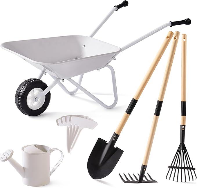 ROBOTIME Kids Wheelbarrow with Gardening Set – Metal Wheelbarrow Toddler Outdoor Play Toy with Garden Tools, Watering Can & Plant Labels, Pretend Play Yard Equipment for Boys and Girls (Gray)
