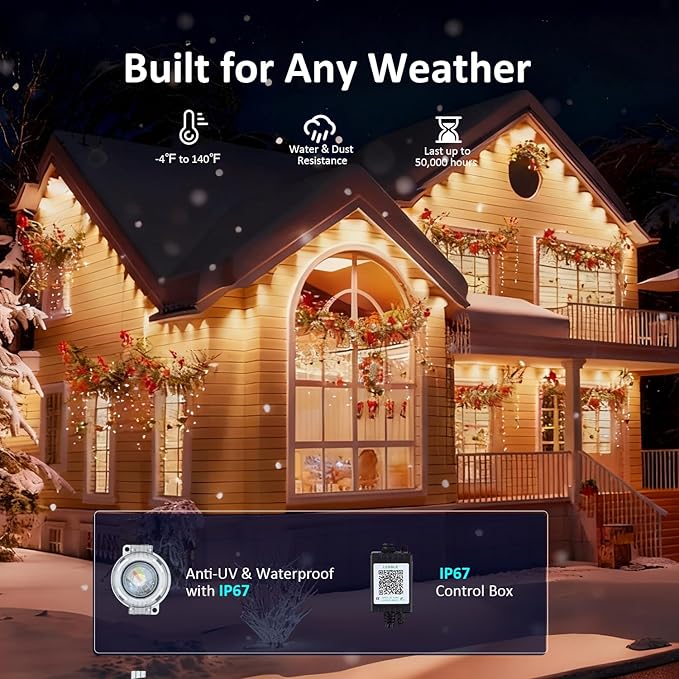 RGB Permanent Outdoor Lights, 100FT LED Eaves Lights with Smart App Remote Control, IP67 Waterproof, Music Sync, Timing Function for Christmas, Party, All Holiday Decorations