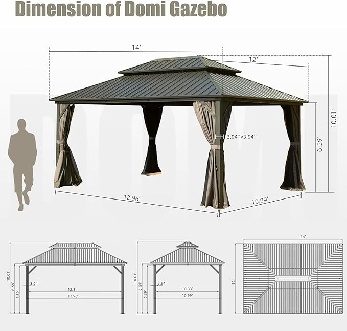 Domi 12’ X 14’ Hardtop Gazebo Canopy with Netting & Curtains, Outdoor Metal Gazebo with Galvanized Steel Double Roof for Patio Lawn and Garden, Gray