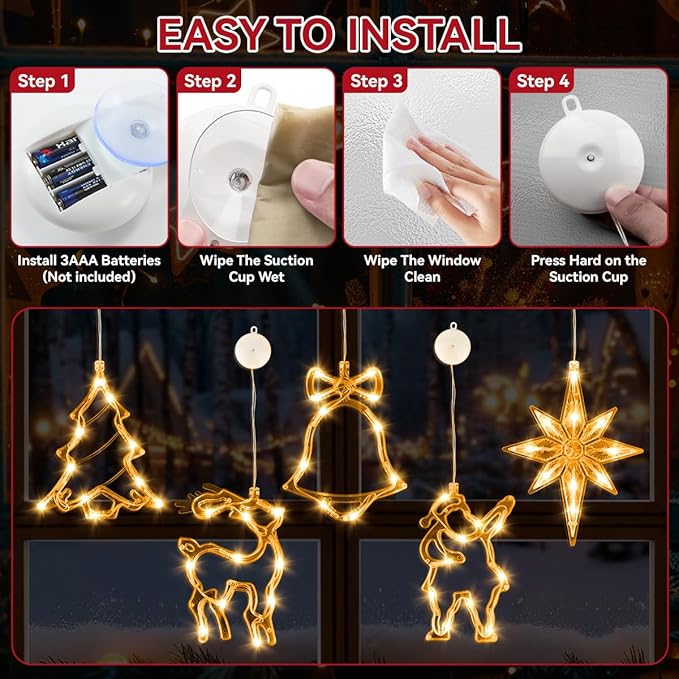5Pcs Christmas Window Lights, Battery Powered Twinkle Lights Christmas Decorations Indoor Outdoor for Wall Door Porch Balcony Glass Decor with Suction Cup & Timer