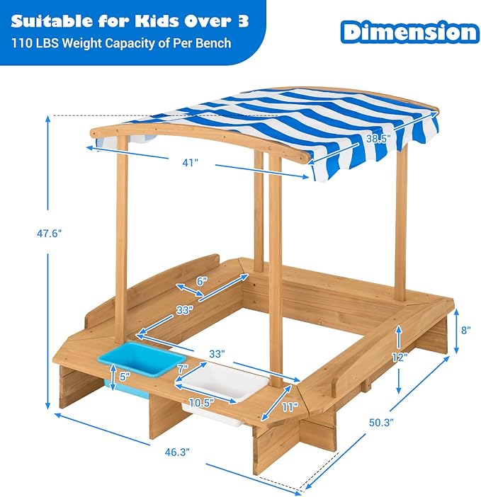 Costzon Kids Wooden Sandbox with Canopy, 50x46in Cedar Cabana Sandpit w/Ground Liner, 2 Toy Storage Boxes, Children Outdoor Playset Station for Backyard, Home, Lawn, Garden, Beach