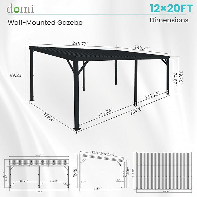 Domi 12' x 20' Lean to Gazebo, Wall Mounted Gazebos Pergola with Built in Drainage System, Galvanized Steel Roof, Hardtop Patio Shelter for Deck, Porch, Backyard and More
