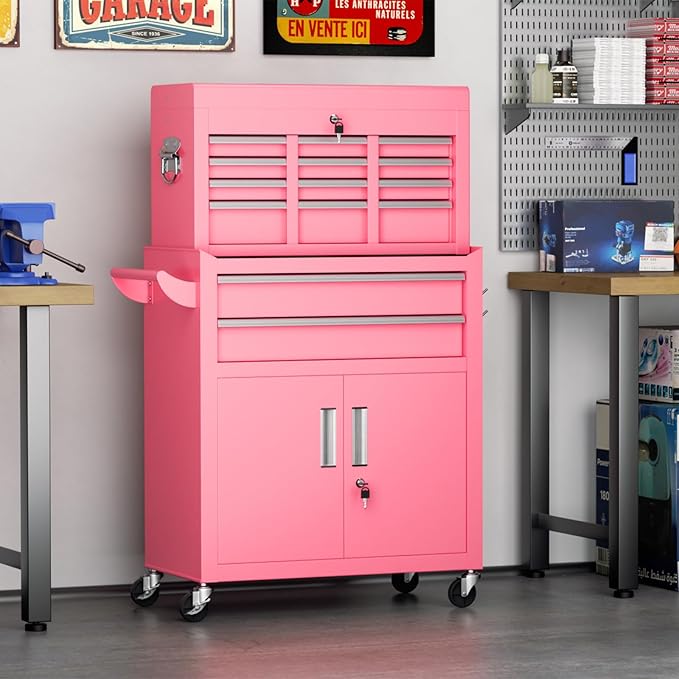 Crownland 8 Drawer Rolling Tool Chest with Wheels, Lockable 2 in 1 Detachable Tool Cabinet wit Drawers and Black Liners, Garage Top Toolbox and Bottom Storage Cart with Side Hooks,Pink