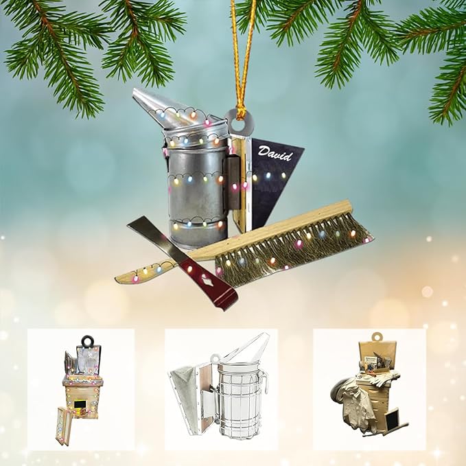 GABITA Personalized Beekeeper Ornament, Custom Name 2D Flat Beekeeping Tool Box Christmas Tree Decoration, Beehive Ornament Xmas Tree Decor, Gift for Bee Farmer