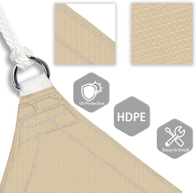 Patio Paradise 16' x 16' x 15'10" Sun Shade Sail Triangle Canopy, Permeable Shade Cloth Fabric Sunlight Block Patio Cover HDPE Deck Awning for Outdoor Backyard Pergolas Roof Shading, Sand