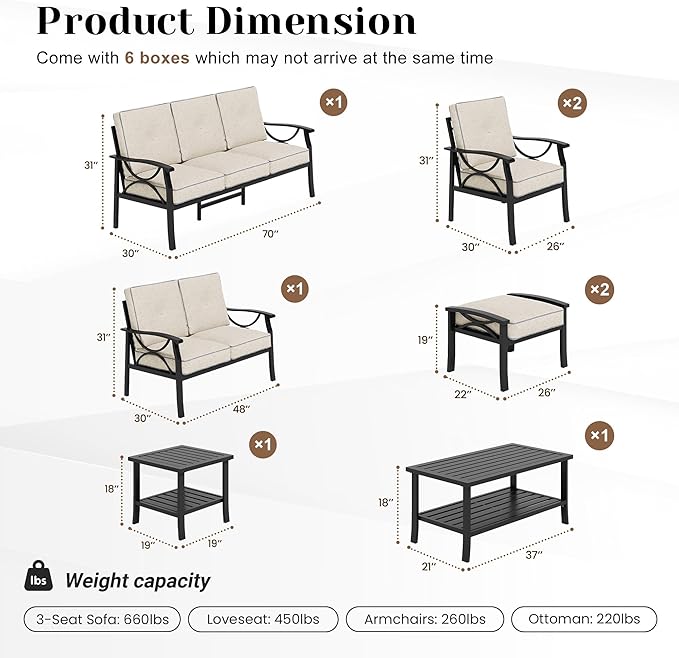 8-Piece Outdoor Patio Furniture Set, Outdoor Metal Sectional Furniture with Cushions, Outdoor Conversation Seating Set with Side Table for Deck, Backyard, Garden, Balcony, Black
