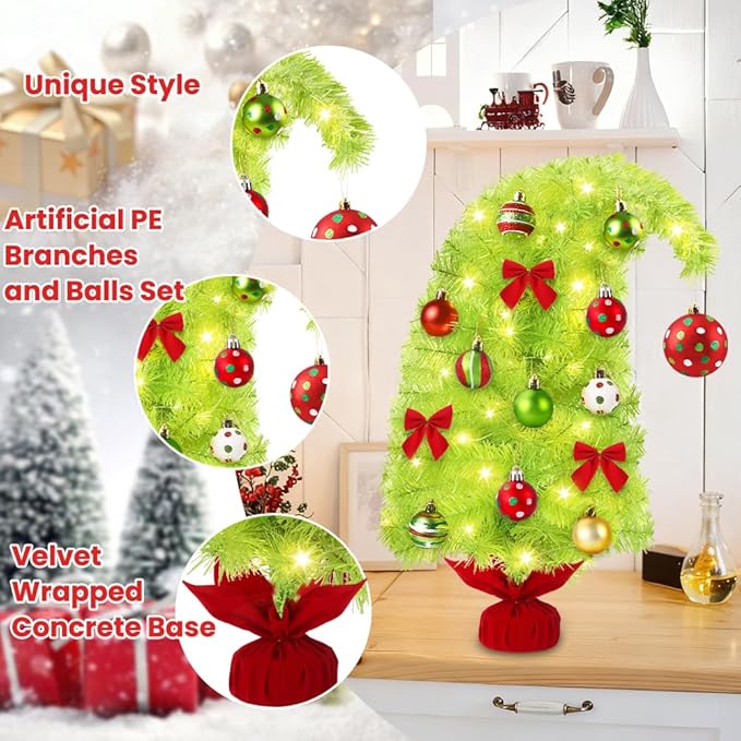 2FT Artificial Whimsical Christmas Tree Lime Small Bendable Christmas Tree with Lights Hanging Balls Bows Curved Shape Tabletop Tree Decor for Xmas Holiday Indoor Outdoor Decor