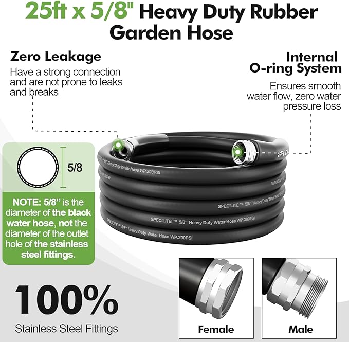 SPECILITE 5/8 Garden Hose 25 ft with High Flow Nozzle, Heavy Duty Flexible Hybrid Rubber Water Hose for Outdoor, Lightweight, Leak-Proof, No-Kink, 3/4Stainless Steel Fittings,Black