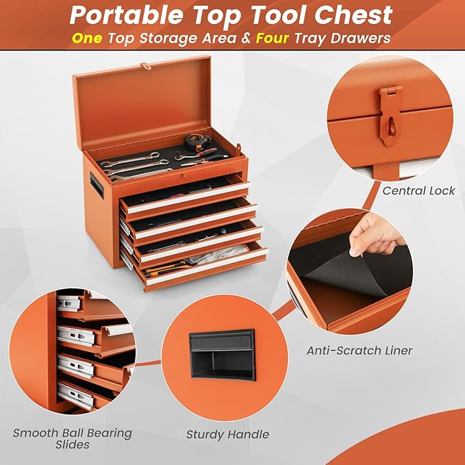 ERGOMASTER Tool Chest Heavy Duty Rolling Tool Box with Cabinet 5-Drawer for Lockable & Removable Cabinet for Garage and Workshop - Orange