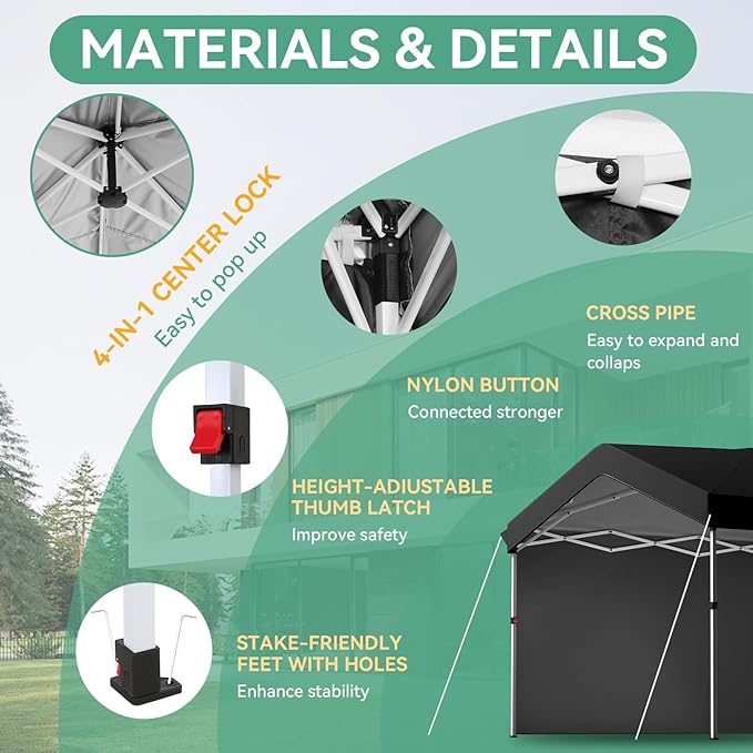 COBIZI 10x10 Pop Up Canopy with One Button Push Center Lock,Ez Up Portable Carport Without sidewall,Waterproof UV50+ Outdoor Party Commercial Carport Canopy with Carry Bag(10 x 10 ft Black)