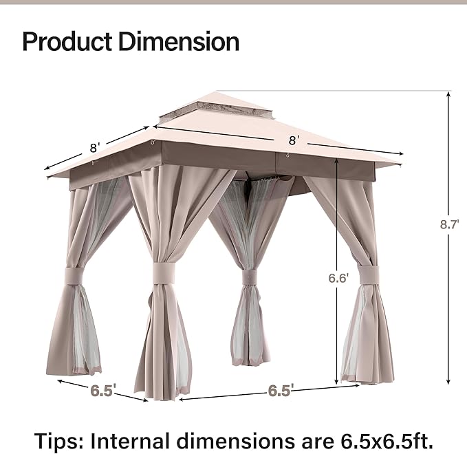 LAUSAINT HOME Semi-Permanent Patio Gazebo 8'x8' with Expansion Bolts, Outdoor Heavy Duty Shelter Party Tent with Double Roofs, Mosquito Nettings and Privacy Screens for Backyard, Garden, Lawn, Khaki