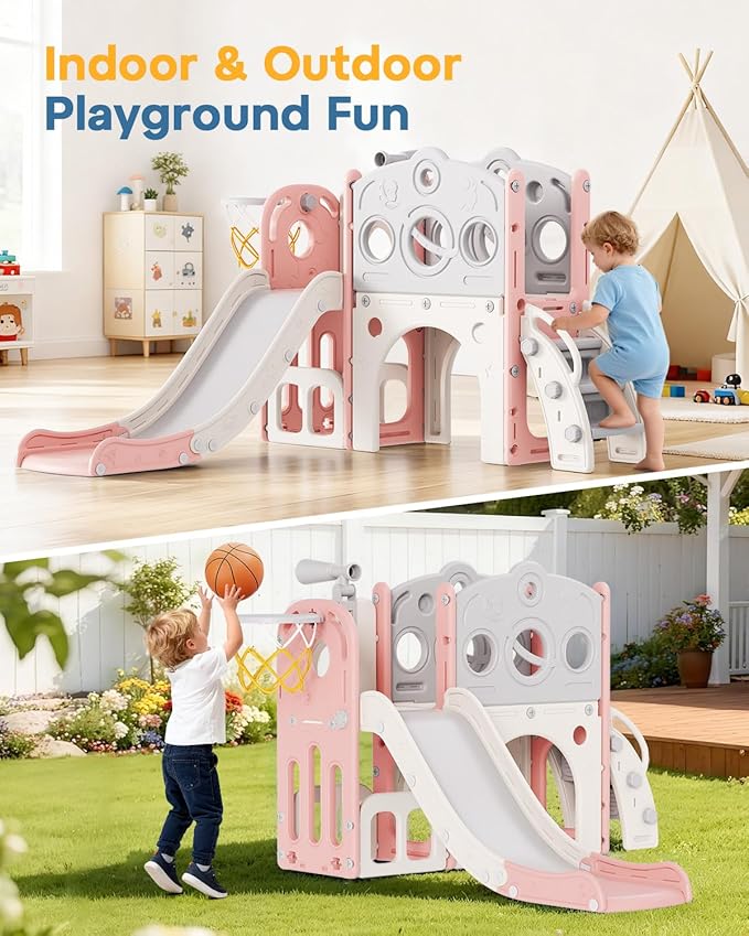 Babytronic Toddler Slide, 8 in 1 Kids Slide with Basketball Hoop, Telescope and Climber, Baby Slide Toddler Playground, Indoor Outdoor Playset for Toddlers Age 1-3, Kids Indoor Playground (Pink)