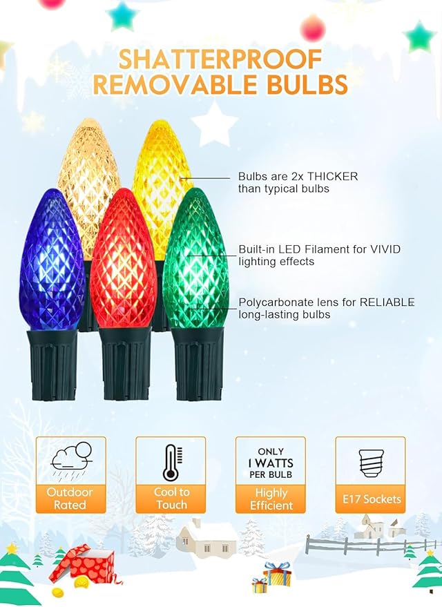Vintage C9 LED Christmas Lights Outdoor, 50 Feet String Lights with 52pcs Shatterproof C9 Bulbs, Waterproof Connectable Commercial Christmas Tree Lights for Outside Roofline Patio Decor, Multicolor