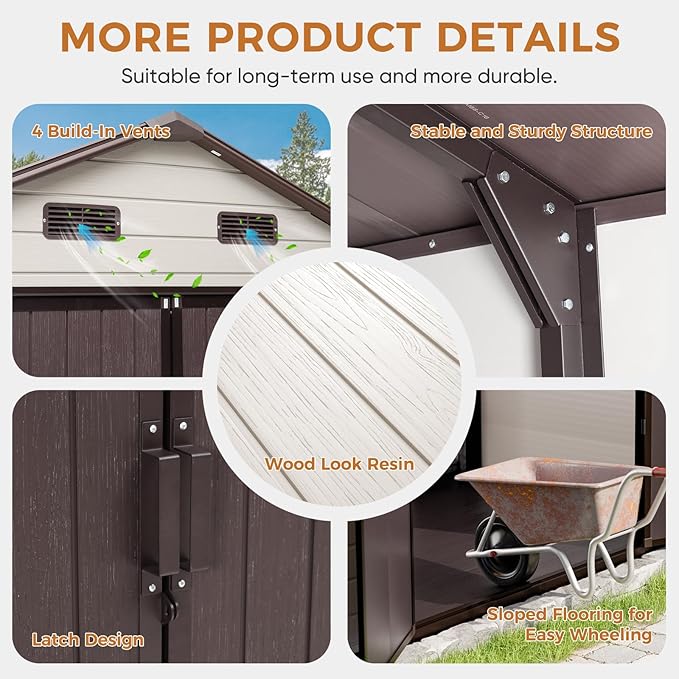 CDCASA Outdoor Storage Shed 8x8 FT, Waterproof Resin Garden Sheds Plastic Patio Outdoor Outside Storage with Floor, Adjustable Openable Windows, Lockable Door for Tool, Bike, Garbage Can