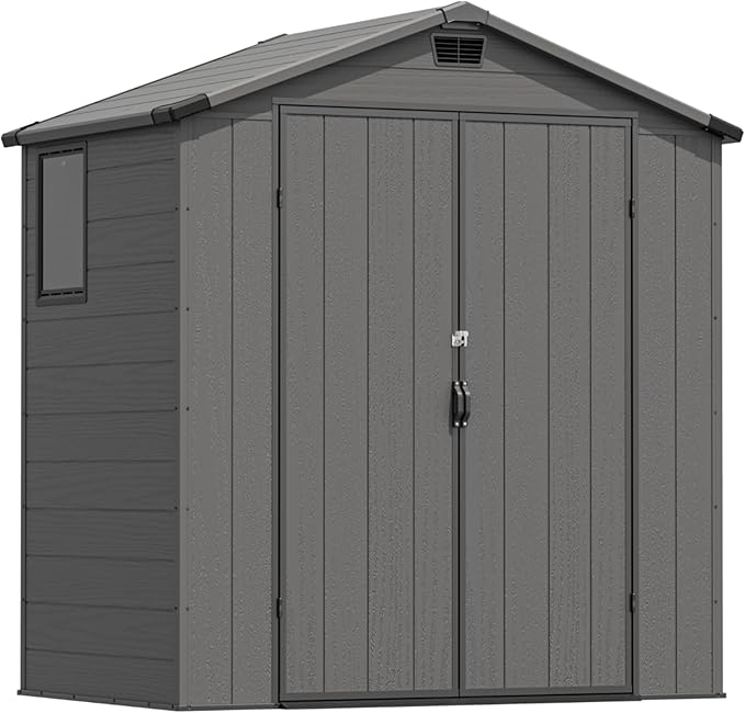 Greesum 6x4FT Plastic Outdoor Storage Shed with Floor, Resin Sheds with Lockable Double Door, Window & Vents, All-Weather Tool Sheds for Garden, Backyard, Patio, Dark Gray