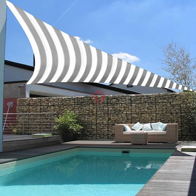 Patio Paradise 5' x 5' x 5' Sun Shade Sail Triangle Canopy Shade Cloth Fabric Sunlight Block Patio Pergola Cover HDPE Deck Awning for Outdoor Backyard Roof Shading, Gray White Strip