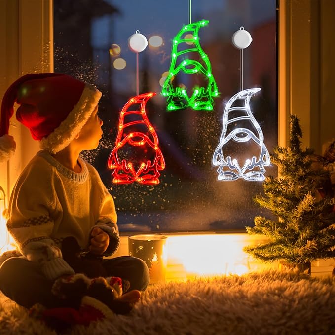 LOLStar Christmas Window Lights 3 Pack Red White and Green Gnomes Xmas Lights with Suction Cups 2024 Upgrade Timer Function and Slowly Fade Mode Battery Operated Indoor Decors Christmas Decorations