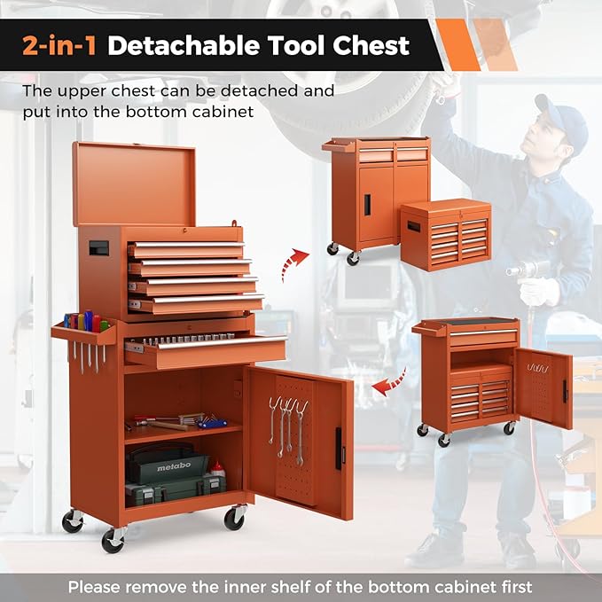 IRONMAX Rolling Tool Chest, 5-Drawer Lockable Tool Cabinet w/Adjustable Shelf & 4 Universal Wheels, 2 in 1 Detachable Tool Box Storage Organizer for Garage Workshop Repair Shop, Orange