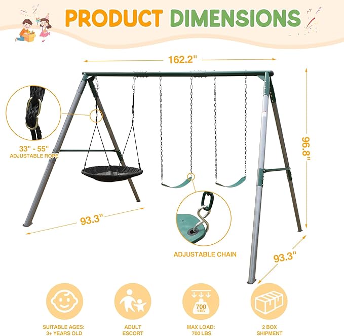 700 lbs Swing Set Outdoor for Kids with Saucer Swing and Belt Swing, Metal Swingset with 3 Frame Stand and Adjustable Rope, Heavy Duty 8FT Sets for Backyard Playground, Ages 3+
