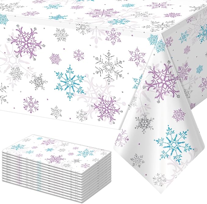 12 Pieces Christmas Snowflake Party Tablecloth Decorations,Plastic Purple and Blue Winter Wonderland Table Cover for Winter Christmas Birthday Holiday Party Decorations and Supplies,54x108 inch