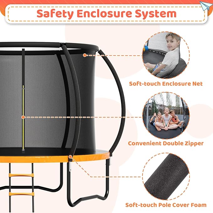8FT 10FT 12FT 14FT 16FT Trampoline Outdoor, Trampolines for Kids & Adults, Pumpkin Trampolines with Safety Net, Ladder, Coating Metal Frame, ASTM Approved Large Backyard Trampoline for Kids