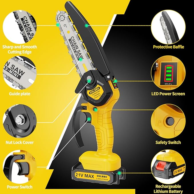 Mini Chainsaw Cordless, 6 Inch Chain Saw Cordless, 700W Powerful Electric Handheld Chainsaw With power display, with 2 Batteries and 3 Chains, Tree Trimmer Gardening Tools Gift for Men, Father, Dad