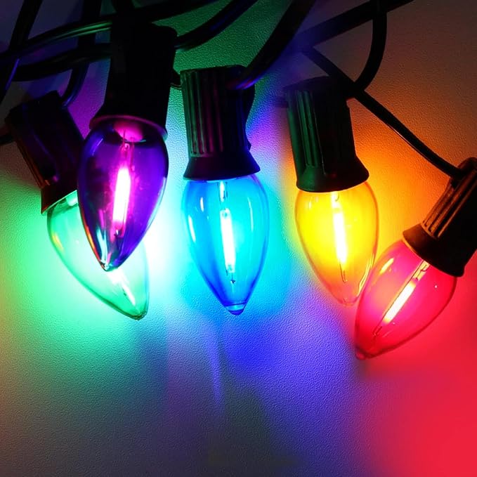 C7 LED Christmas String Lights,25Ft Multicolor Outdoor Lights with 27 Energy-Efficient,Waterproof Clear Bulbs for Indoor/Outdoor Holiday & Party Decor