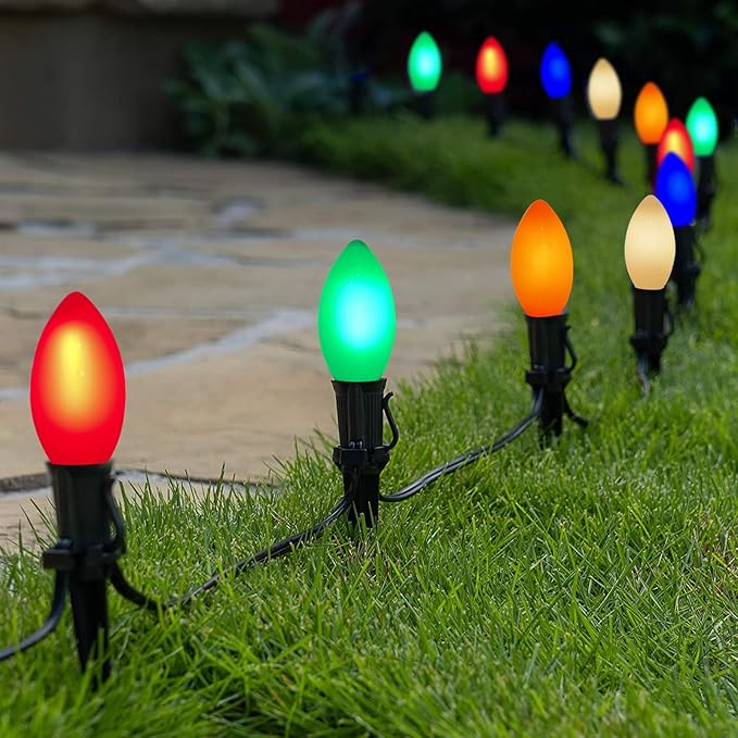 C9 Multicolor Christmas Lights Outdoor, 25Ft Vintage Christmas String Lights with 26 Colorful Ceramic Bulbs, Hanging Patio Lights for Outdoor Roofline Christmas Tree Garden Pathway Decor, Green Wire