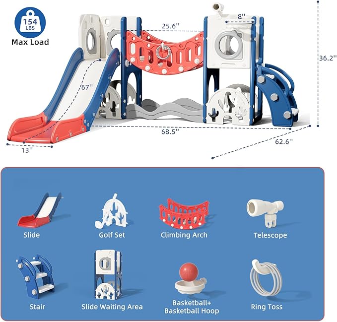 67i 9 in 1 Toddler Playground Slide Set - Monkey Bar (Climbing Arch) for Coordination, Easy Assembly, Indoor Outdoor Playset Birthday Gift with Golf/Basketball/Drawing (Red, Without Swing)