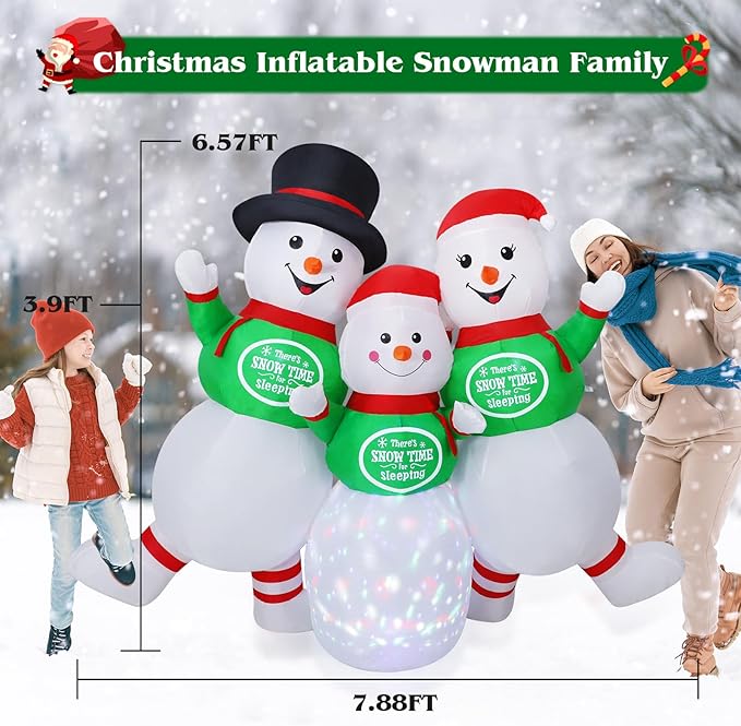 6.5FT Christmas Inflatable Snowman Decorations - Blow Up Christmas Outdoor Snowman Family with Rotating Colorful LED Light & Top Hat, Xmas Inflatable Decor for Yard Lawn Garden Holiday Party