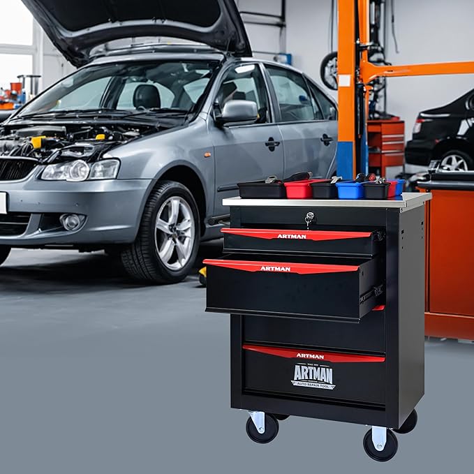 RYH 4/5/6/7 Drawers Rolling Tool Chest -Heavy Duty Mobile Metal Tool Box with Locking Wheels, with Stainless Steel Worktop, Garage Tool Storage Cabinet (Black, 4-Drawers 30.7 H¡¿22.2 W)