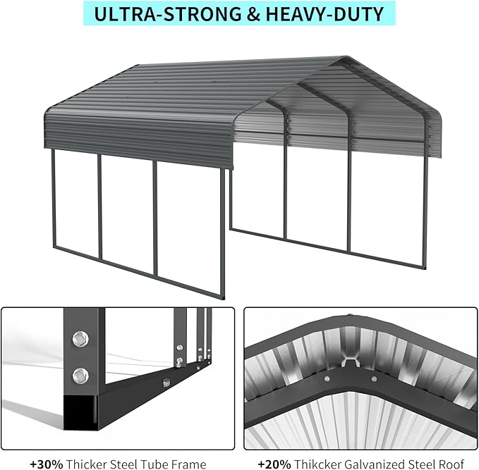 10x15 FT Metal Carport, Heavy Duty Car Port Canopy with Galvanized Steel Roof & Frame, Large Metal Carport Kit, Outdoor Car Garage, Steel Car Shelter for Car, Boat, Truck, Black