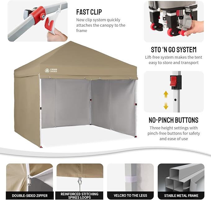 CROWN SHADES 10X10 Comercial Instant Canopy Pop Up Tent with Center Lock (10x10 with 4 Sidewalls, Beige)
