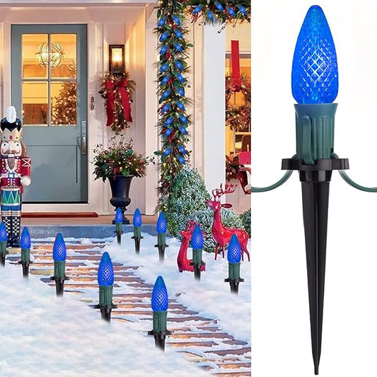 C9 Led Christmas String Lights, 20 Led 25.75 Feet Outdoor Waterproof Strawberry Lights with 20 Stakes, Extendable Green Wire String Lights for Indoor Outside Patio Wedding Party Decoration, Blue