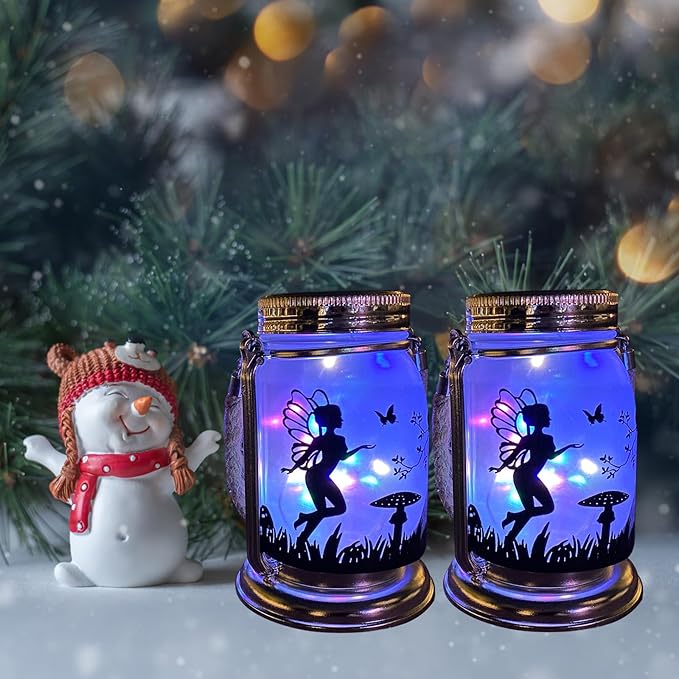 2 Pack Solar Fairy Lantern for Garden Decorations - Christmas Gifts for Mom Women Grandma Birthday Outdoor Ornaments Decorations Hanging Lamp Frosted Glass Jar with Stake for Yard Patio Lawn