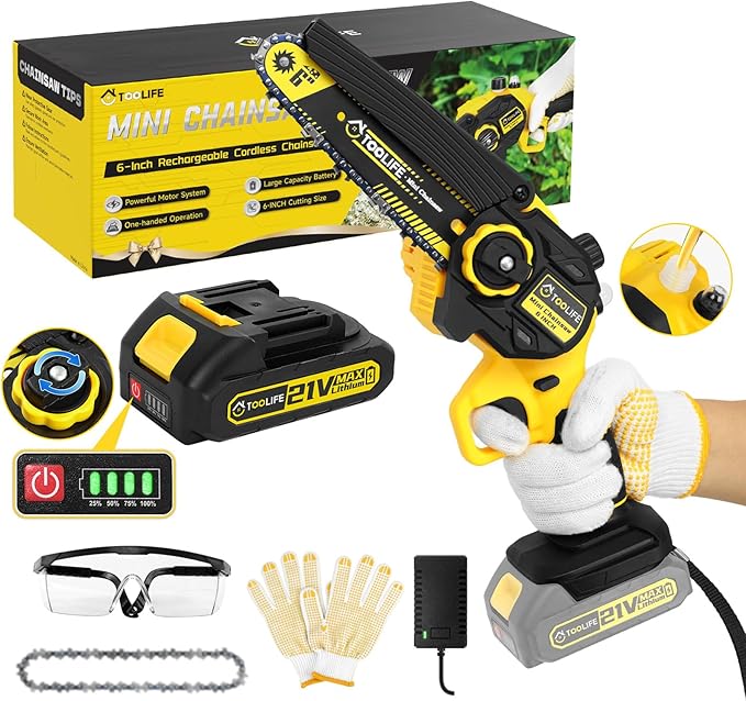 Mini Chainsaw Cordless, 6" Handheld Electric Portable Chain Saw, 21V Rechargeable Battery Powered, Christmas Gifts for Dad, 50, 60, Stocking Stuffer for Men Husband Grandpa, Yard, Garden Tools