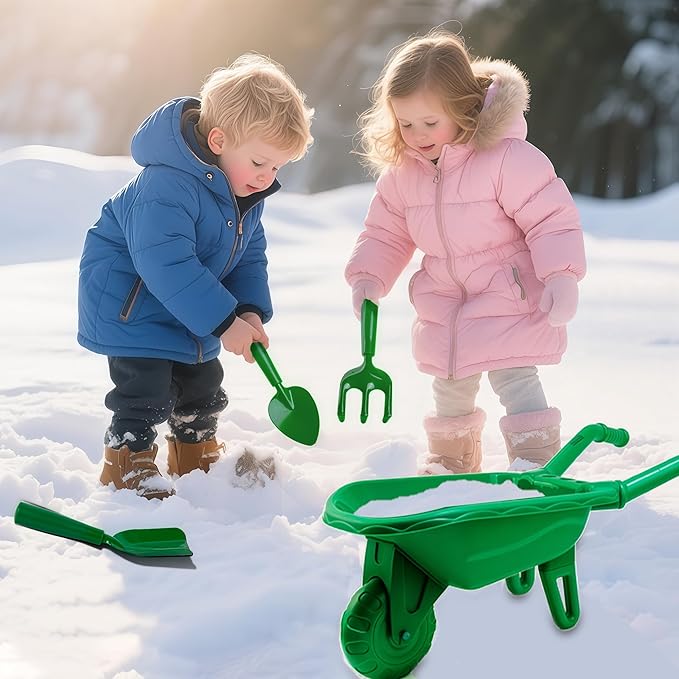 Duckura Kids Wheelbarrow Set - Gardening Tools for Kids with Shovel, Rake, Trowel, Outdoor Yard Lawn Digging Weed Toys, Christmas Birthday Gifts for Boys Girls Age 2 3+Years Old(Green B)