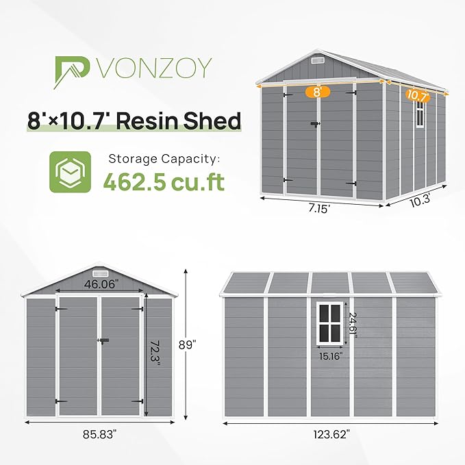 8x10.5 FT Outdoor Plastic Storage Shed with Floor, Waterproof Resin Shed with Lockable Door & Window for Bike, Garbage Can, Lawn Mower, Grey White