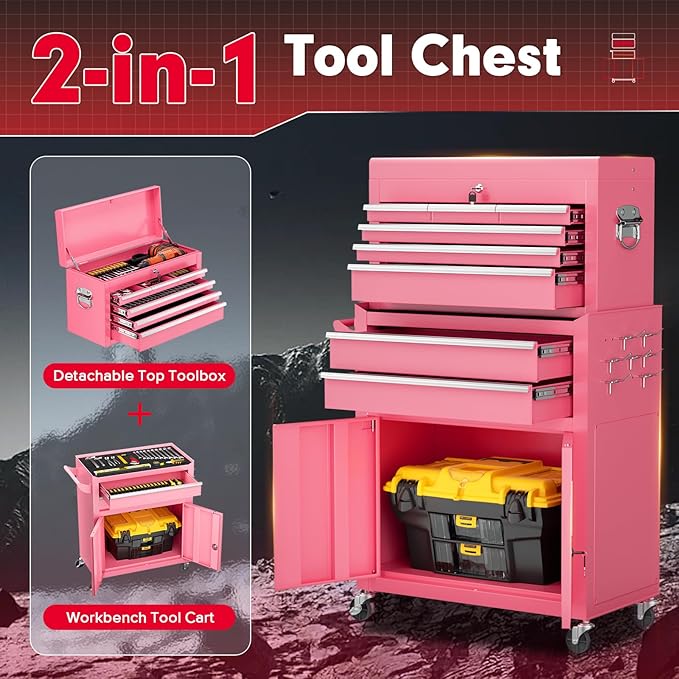Superday Metal Tool Chest, 8 Drawer Rolling Tool Chest with Wheels, Detachable Tool Storage Cabinet with Lock for Garage, Steel Tool Cart with Liner & Hooks for Workshop, Warehouse (Pink)
