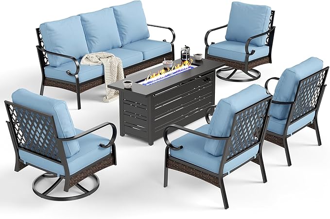 6 Piece Black Metal Outdoor Patio Furniture Sets with Firepit Table, Patio Conversation Sets 1 3-Seater Sofa, 2 Leg Chair and 2 Swivel Chair with 5.75" Cushion for Backyard Deck, Blue