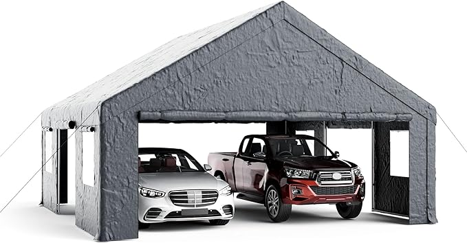 20x20ft Heavy Duty Carport, Canopy with Roll-up Ventilated Windows & Side Door All Weather, Easy Assembly Portable Car Shelter for Garage/Storage/Party