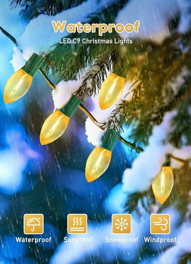 C9 LED Christmas String Lights Outdoor, 25FT 25+1 LED 2700K Warm White Waterproof C9 String Lights, Plug-in Extendable Green Wire Lights for Roofline Patio Backyard Party Xmas Decoration