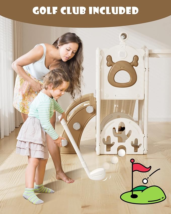 XJD 7 in 1 Toddler Slide, Kids Indoor Slide for Toddlers 1-3, New Upgrade with Golf, Basketball Hoop for Indoor Outdoor Playset, Birthday Gifts for Toddler (White Brown)