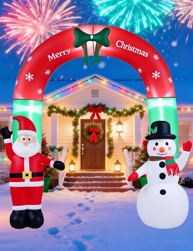 8FT Christmas Inflatables Outdoor Decorations,Inflatable Santa Claus and Snowman Arch Build-in LED Light-Christmas Blow Up Yard Decorations for Indoor/Outdoor Holiday Garden Lawn Yard Patio