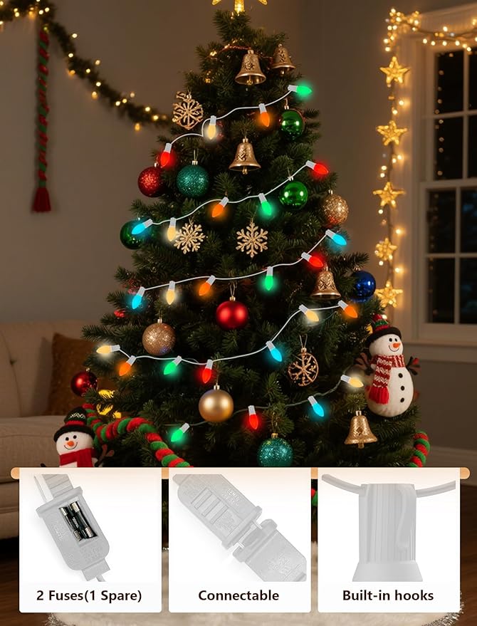 25Ft C9 LED Christmas Lights Outdoor, Vintage Christmas String Light Plug in with 26 Shatterproof C9 Multicolor Bulbs Christmas Decorations Lights for Christmas Tree Patio Roofline Party, White Wire