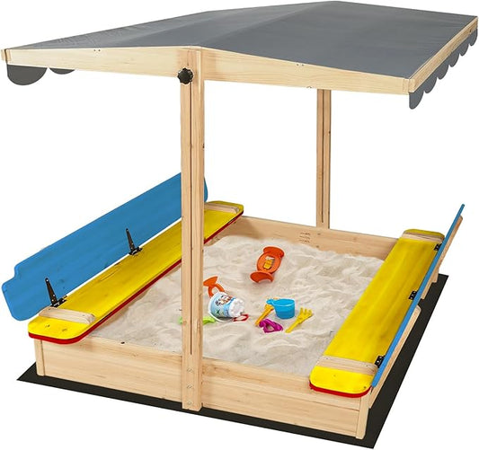 48x48 Large Wooden Sandbox with Locking Lid & Adjustable Canopy Cover - Outdoor Sand Box for Kids Ages 4-8, Foldable Bench Seats, UV-Resistant Roof, Easy-Drain Bottom Liner