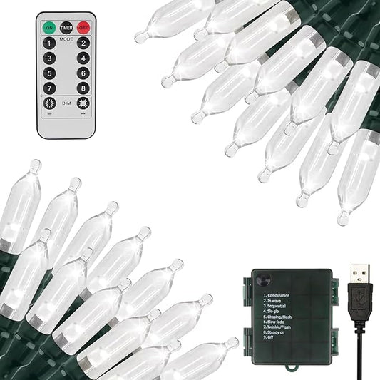 XTF2015 Christmas Lights 66ft 200 LED String Lights Timer Memory Function USB or Batter y Powered Waterproof String Light for Indoor Outdoor Decoration (Cool White)