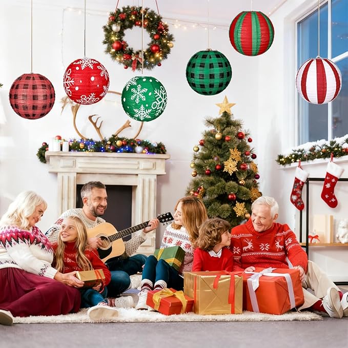 12 Pack Christmas Party Paper Lanterns 12 Inch Xmas Hanging Paper Lanterns, Snowflake Printed Round Lanterns for Xmas Home Party Wedding Holiday Decoration