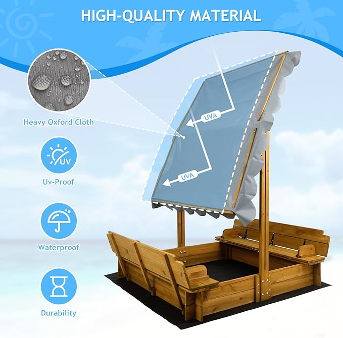 Kids Sandbox with Lid, Wooden Sand Box with Cover Outdoor, UV-Protection & Natural Wood, Foldable Bench Seat, Adjustable Canopy, Sand Box for Kids Ages 2-8£¨47x47in£©